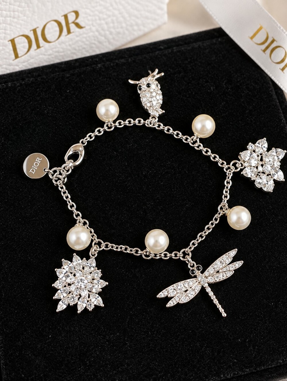 Dior Charming Silver Tone Charm Bracelet with White Accents